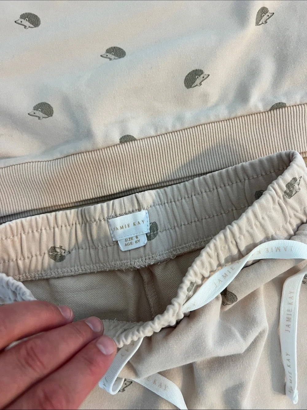 Jamie Kay Beige Sweatshirt & Jogger Set with Gray      Hedgehog Print